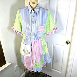 Patchwork upcycled womens dress shirts, vintage doilies &  lace. ‎ Shacket.  M/L